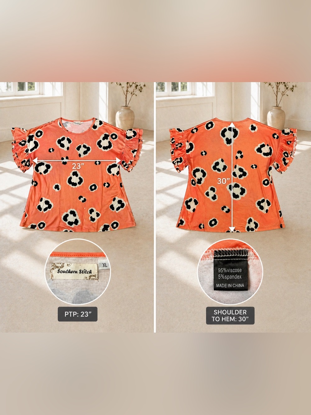 Southern Stitch Women's Coral Leopard-Print Ruffle Sleeve Tee Size XL EUC - Picture 4 of 4